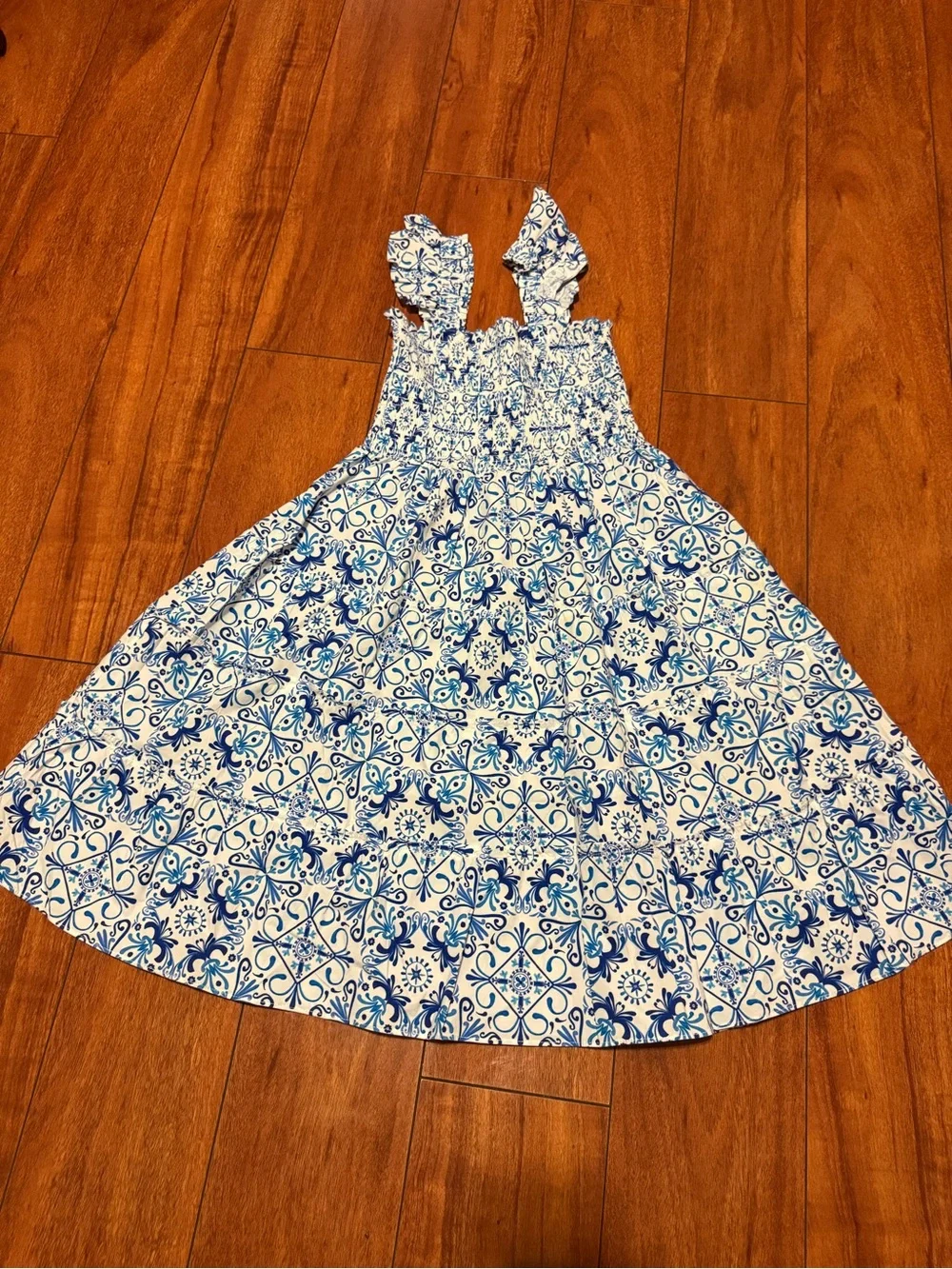 Hill House Kids Blue and White Smocked Tile-Print Sundress